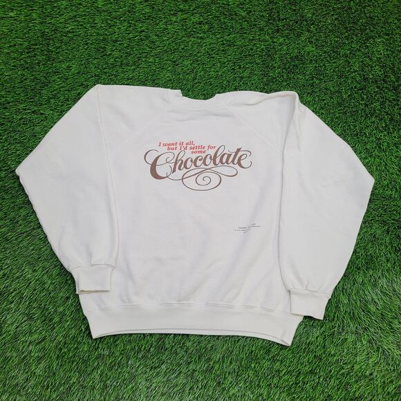 Vintage 80s Funny Chocolate Lovers Sweatshirt Womens XL 22x21 USA Raglan - Picture 1 of 10